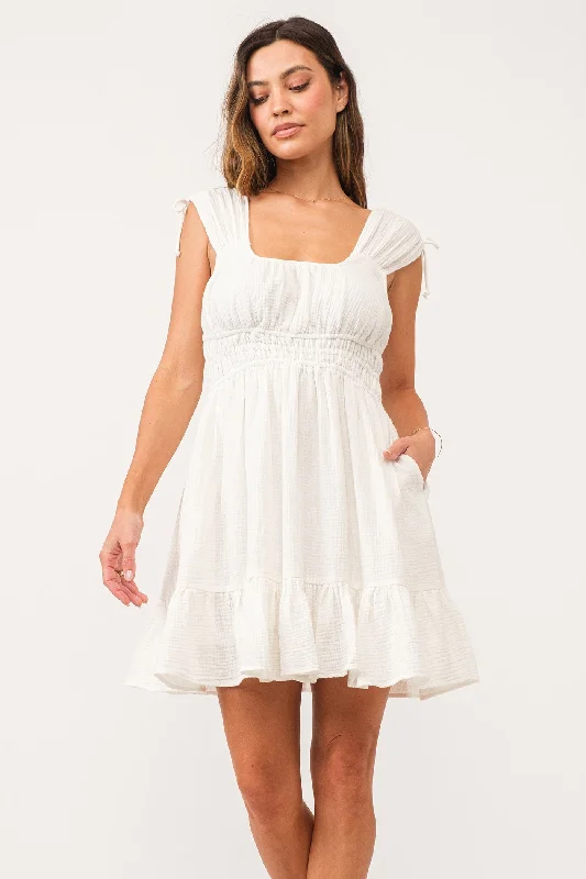 Factory Direct Sale HOPE CINCHED TIE DRESS WHITE GAUZE