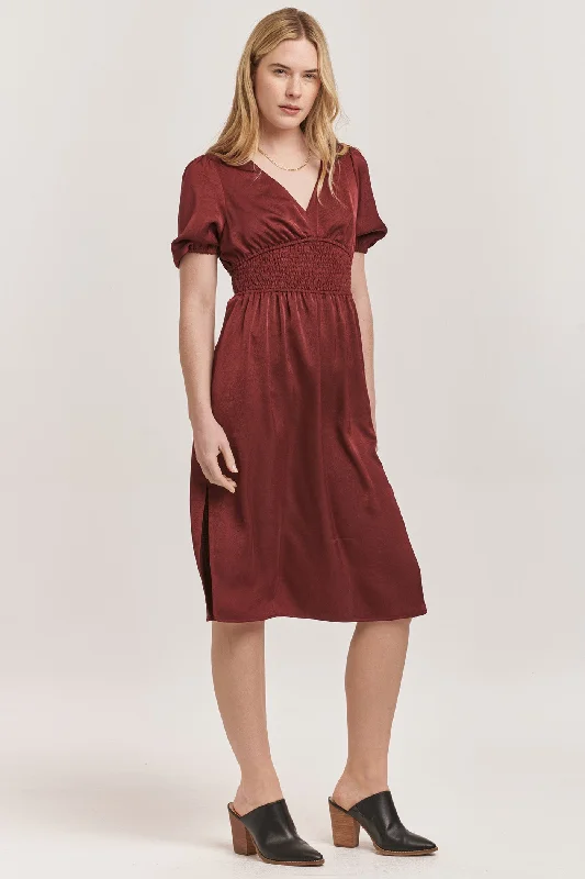 Customer Appreciation Sale JENNIFER V-NECK SMOCKED WAIST MIDI DRESS PLUM BERRY