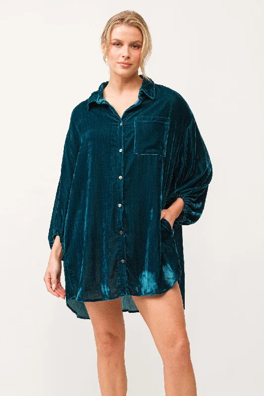 Season Finale Sale LEIGH COLLARED BUTTON DOWN 3/4 SLEEVE DRESS DEEP TEAL