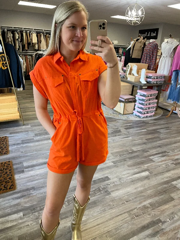 Value Deals Linen Tie Waist Romper - Orange