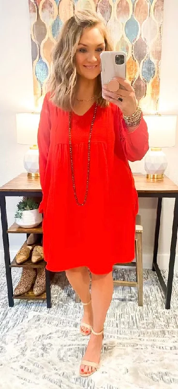 Price Cut Long Sleeve Red V Neck Dress