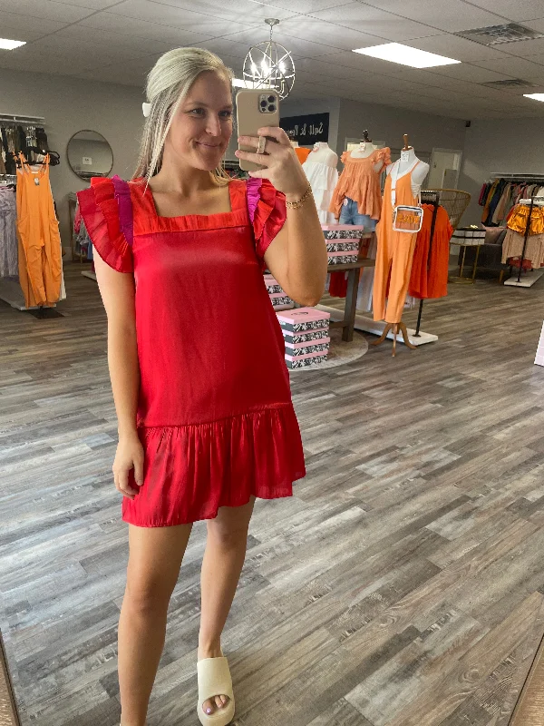Midnight Sale Multi Color Ruffle Sleeve Dress - Red