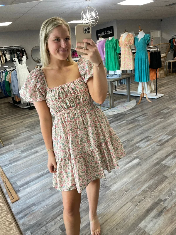 New Markdowns Multi Floral Bubble Sleeve Dress - Cream/Pink