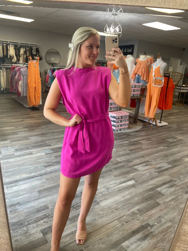 Act Now Muscle Sleeve Belted Dress - Magenta