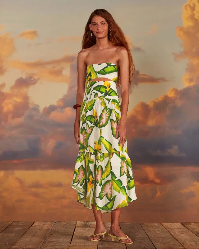 Online Only Off-White Summer Foliage Strapless Midi Dress