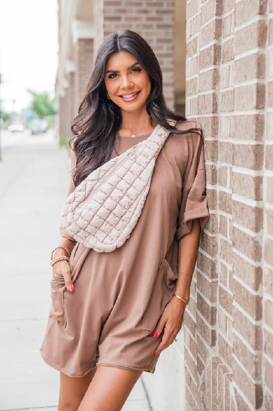 Markdowns On A Daily Basis Brown Deep V-Neck Pocketed Romper