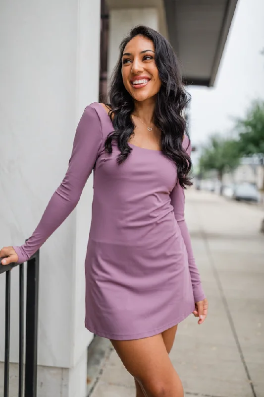 Special Discount On The Rise Mauve Long Sleeve Open Back Active Dress FINAL SALE