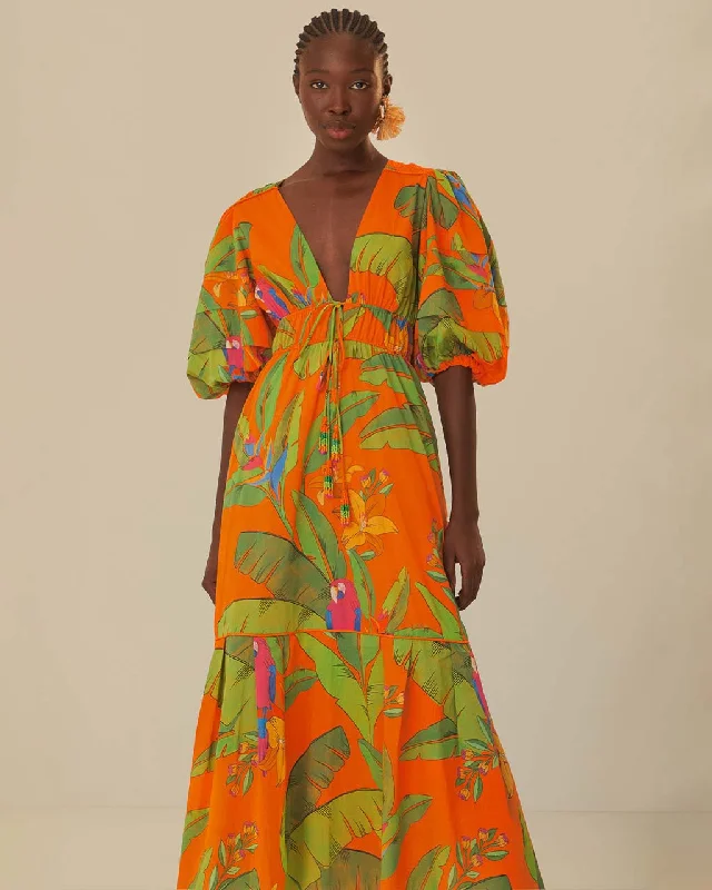 Special Discount Orange Fresh Macaws Midi Dress