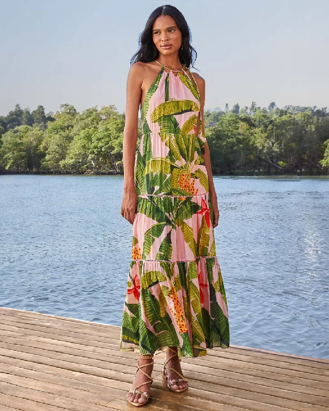 Year-End Sale Pink Banana Leaves Sleeveless Maxi Dress