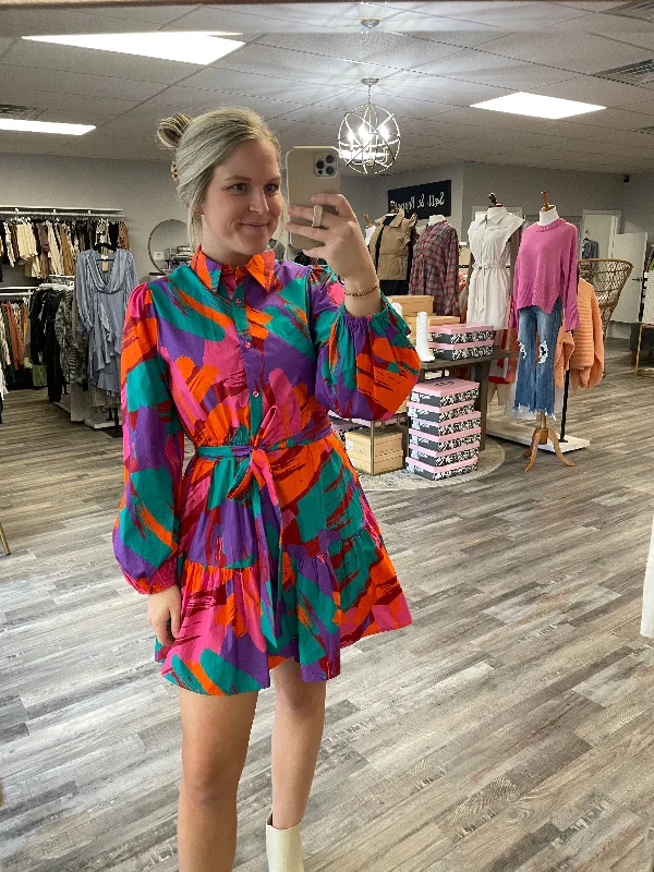 Today Only Printed Button Down Tie Waist Dress - Orange/Purple