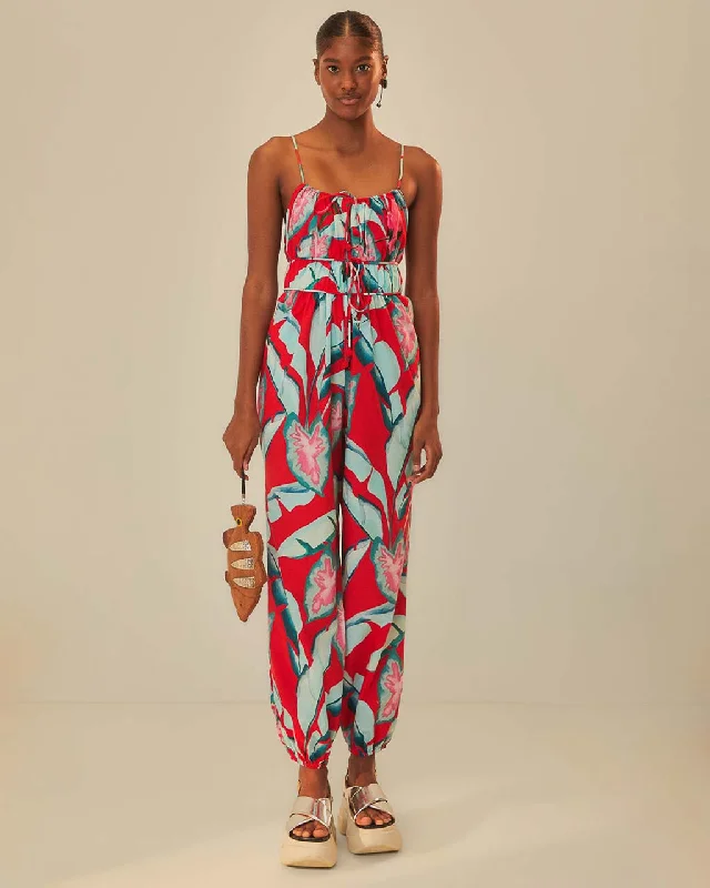 Quick Sale Red Summer Foliage Organic Cotton Jumpsuit