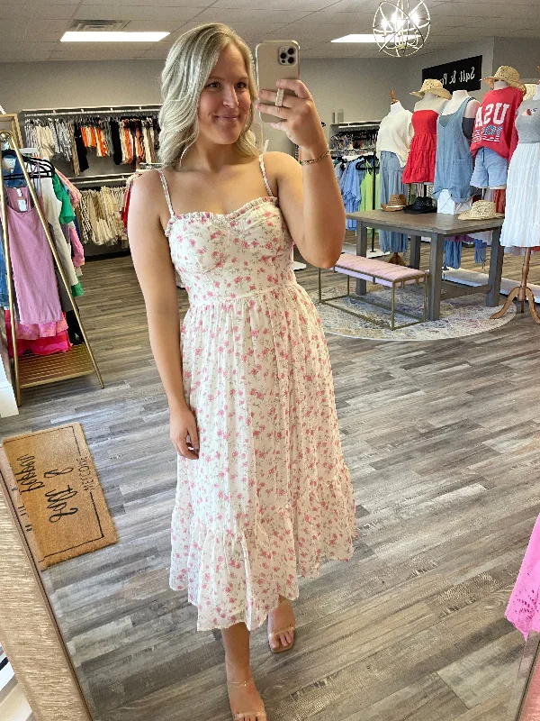 Don’t Miss Out Rose Print Midi Dress - Cream/Pink