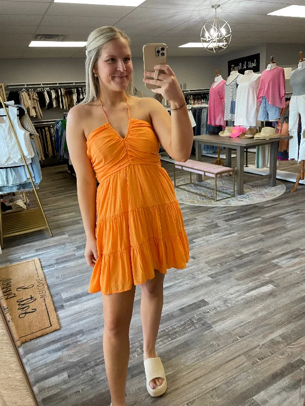 Closeout Sale Ruched Detail Halter Dress - Apricot