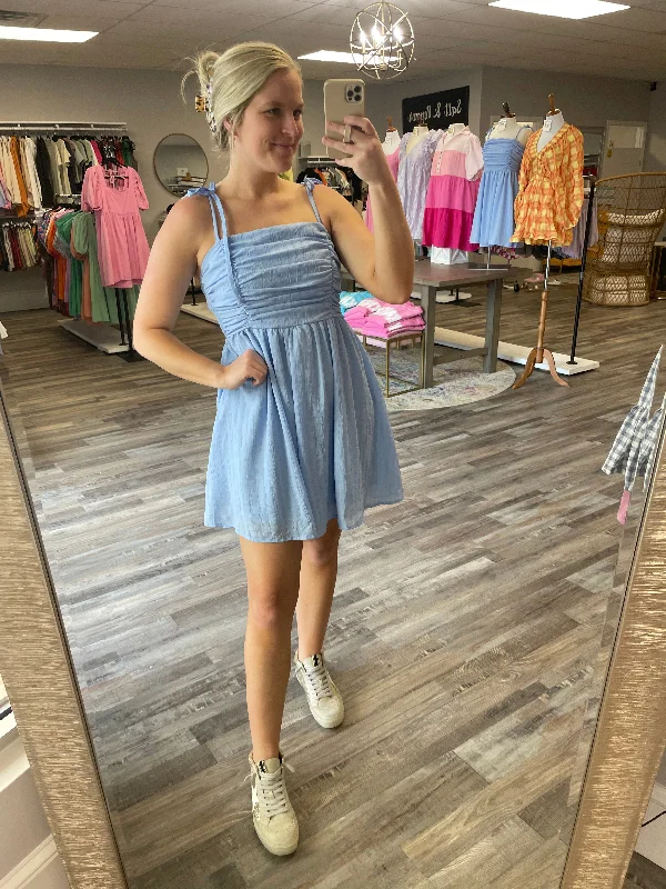 Price Buster Ruched Smocked Back Dress - Sky Blue