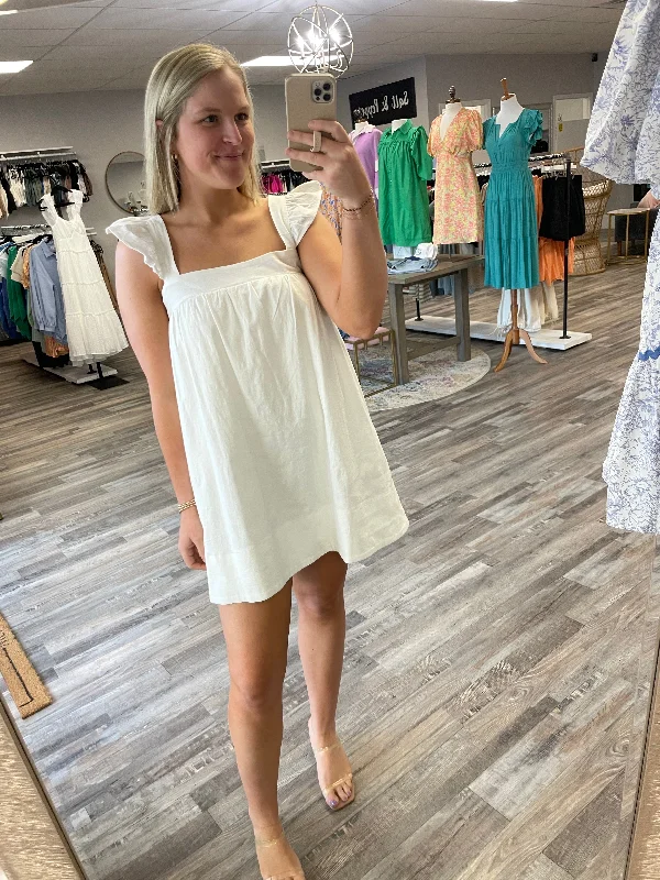 Final Clearance Ruffle Strap Square Neck Dress - White