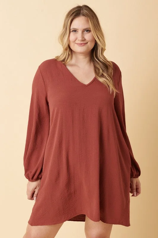 Special Discount Rust V Neck Balloon Sleeve Dress