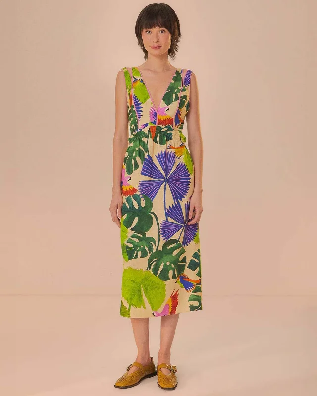 Markdowns Sand Macaw Jungle V Neck Midi Dress