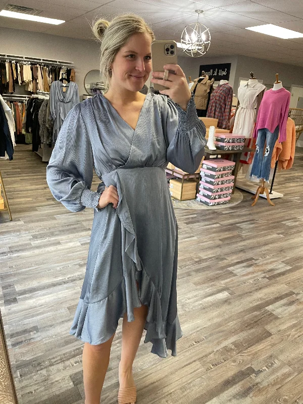 Deal of the Day Satin Ruffle Hi Low Midi Dress - Dusty Blue