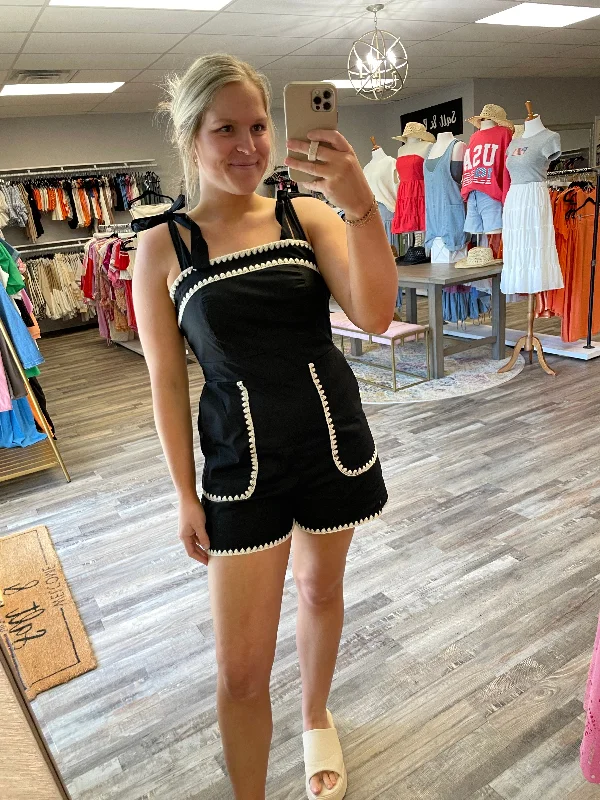 Flash Sale Scallop Detail Tie Strap Romper - Black