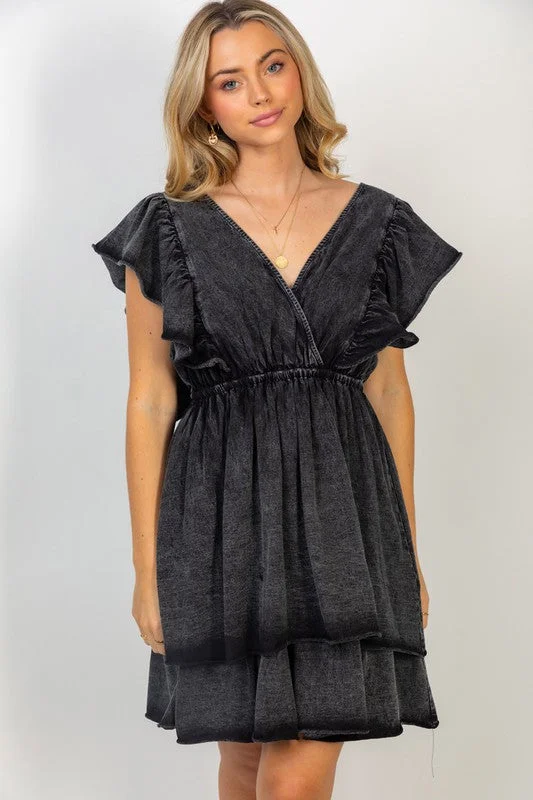 Super Savings Short Flutter Sleeve Solid Knit Dress in Black