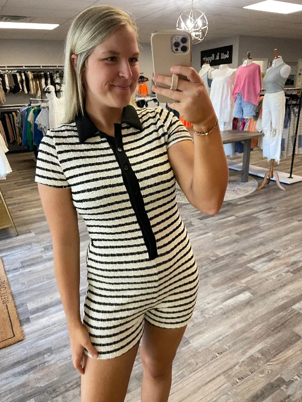 Crazy Deals Striped Knit Button Down Romper - Black/White