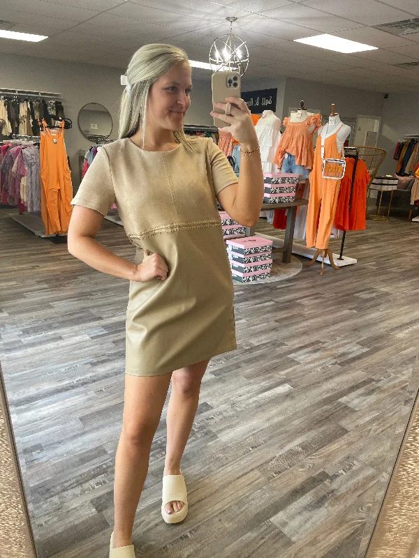 Seasonal Clearance Suede & Leather Mini Dress - Beige