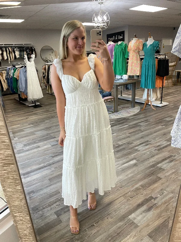 Don't Wait Sweetheart Neckline Tiered Midi Dress - White