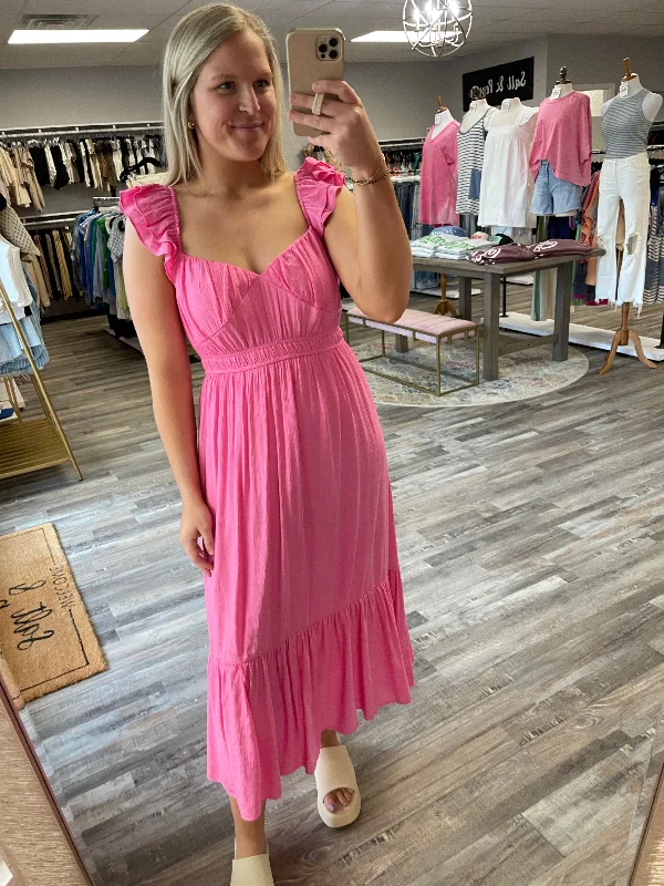 Bargain Blast Sweetheart Shirred Midi Dress - Pink