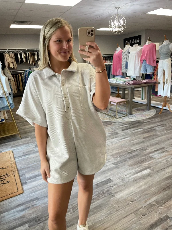 Price Meltdown Textured Button Up Collared Romper - Silver