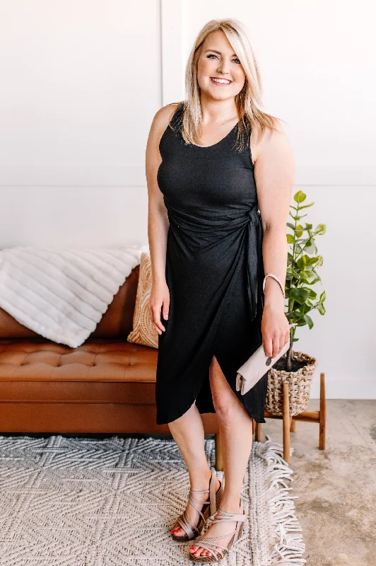 Price Rollback Through The Curves Tulip Wrap Hem Dress In Jet Black