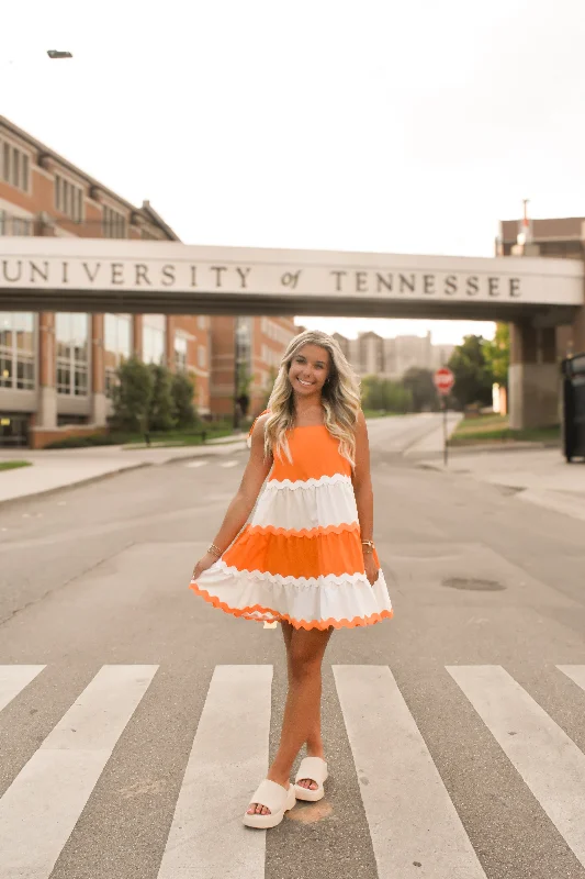Epic Deals Tie Strap Rick Rack Trim Dress - Orange/White