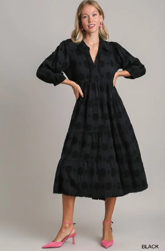 Loyalty Reward UMGEE Dotted Balloon Sleeve Midi Dress Black