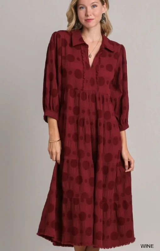 Instant Savings UMGEE Dotted Balloon Sleeve Midi Dress Wine