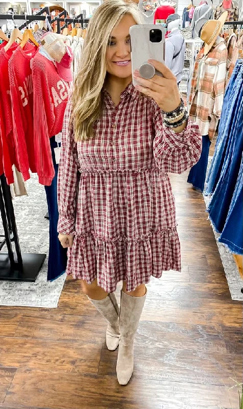 Final Clearance UMGEE Merlot Plaid Ruffle Dress