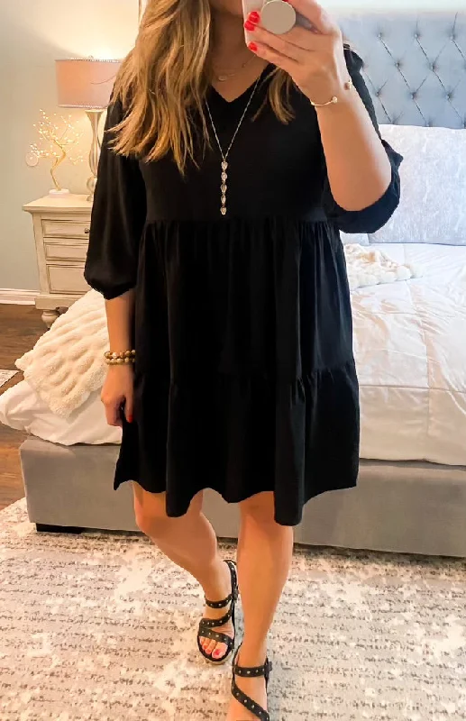 Overstock Sale UMGEE V Neck 3/4 Sleeve Tiered Dress Black