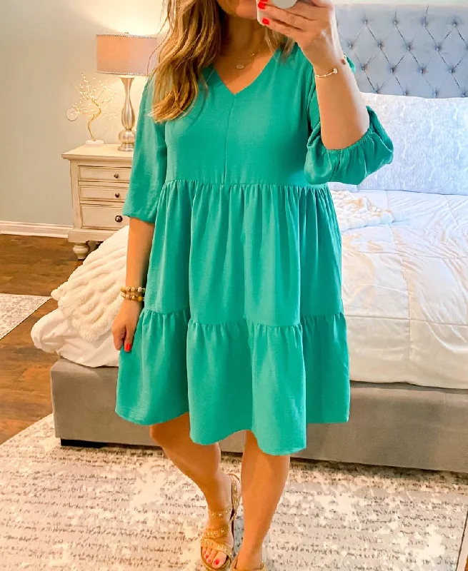Inventory Reduction UMGEE V Neck 3/4 Sleeve Tiered Dress Mint