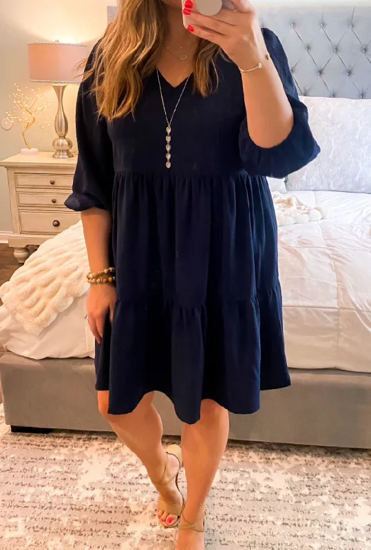 Price Blitz UMGEE V Neck 3/4 Sleeve Tiered Dress Navy