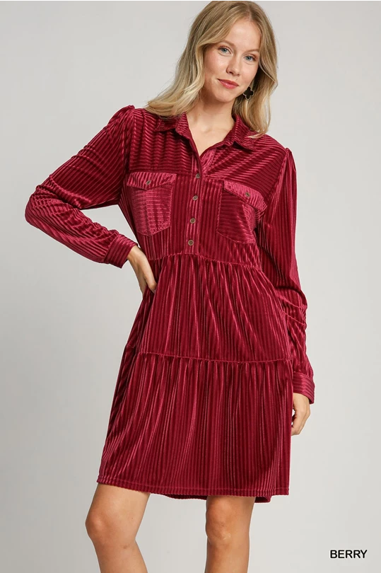 Special Savings UMGEE Velvet Textured Collared Dress Berry