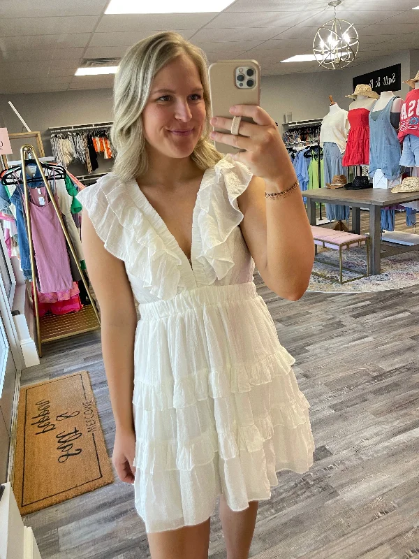Doorbuster Deal V-Neck Ruffle Tiered Dress - White