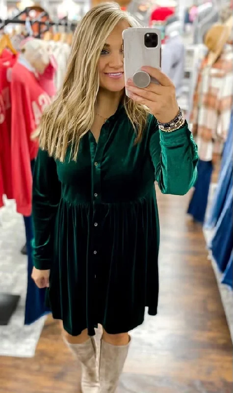 Closeout Velvet Button Down Dress Green