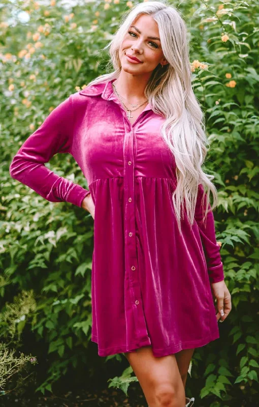 Savings Alert Velvet Button Down Dress Hot Pink