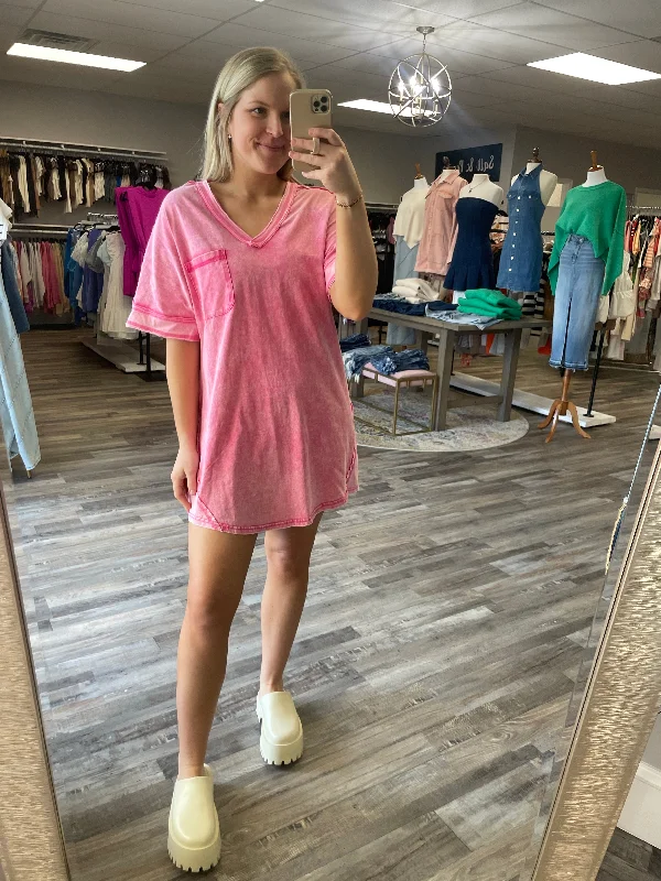 Epic Deals Washed Knit Tee Dress - Hot Pink