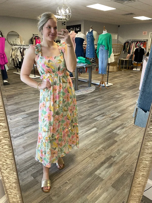 Mega Sale Watercolor Floral Midi Dress - Ivory Multi