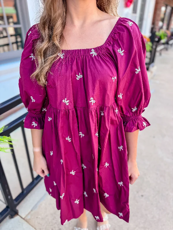 Exclusive Preview Wine Bow Mini Dress