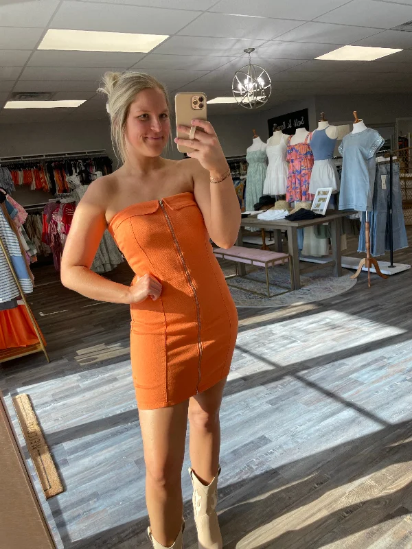 Shop and Save Zip Up Strapless Tube Dress - Orange